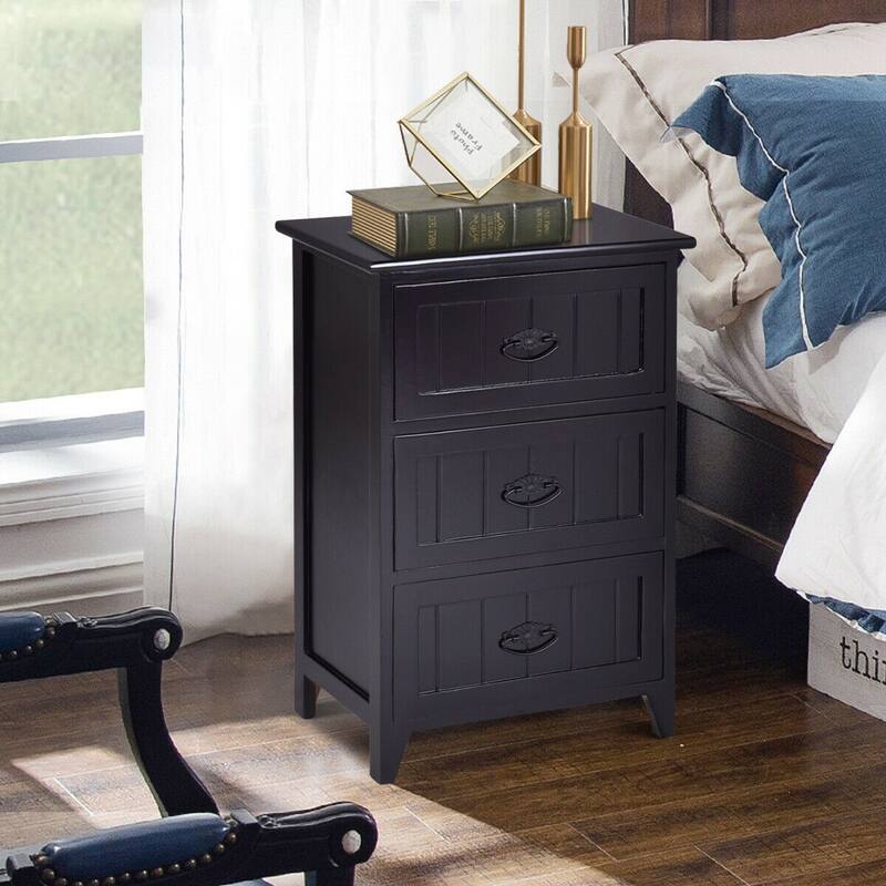 Gymax 3 Drawers Nightstand End Table Storage Wood Side Bedside Black