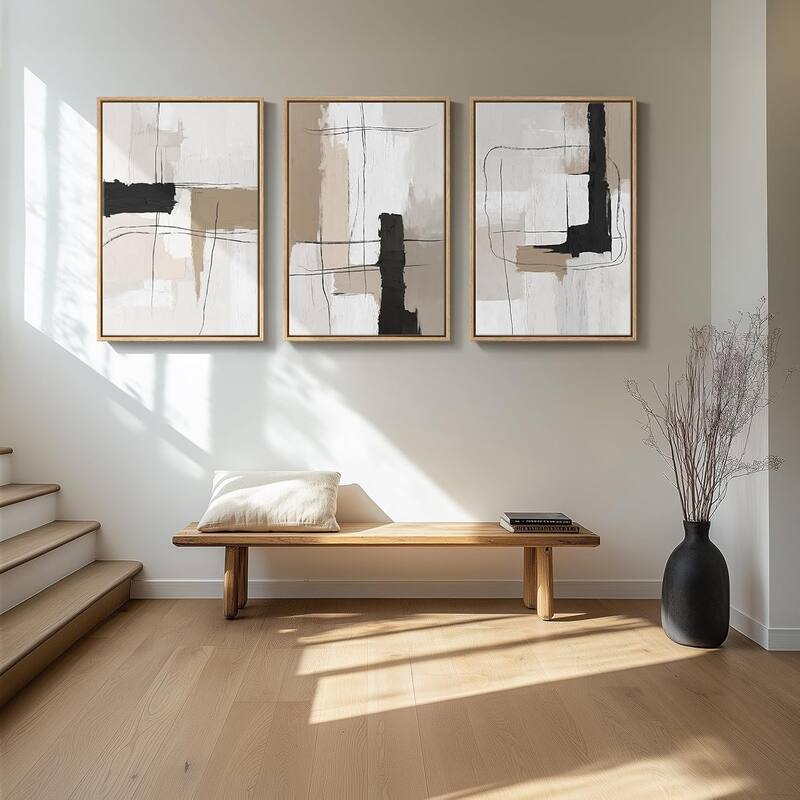 Large Framed Neutral Abstract Wall Art, Black White Beige Minimalist