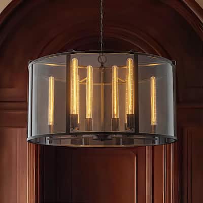 8-Light Modern Industrial Black Oversized Glass Lantern Large Drum Clear Glass Chandelier for Dining Room
