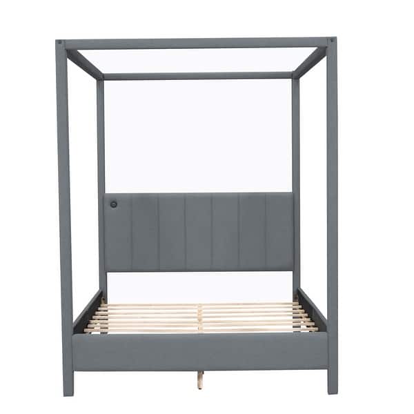 slide 2 of 10, Queen Upholstery Canopy Bed Frame w/USB Type-C Ports Headboard,Gray