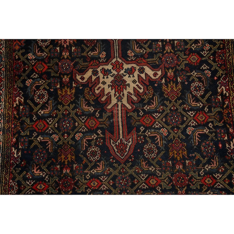 Hand Knotted Oriental 100% Wool Carpet Traditional Geometric Navy Blue & Blues Bibikabad Runner Rug - 13' 4'' X 3' 5''