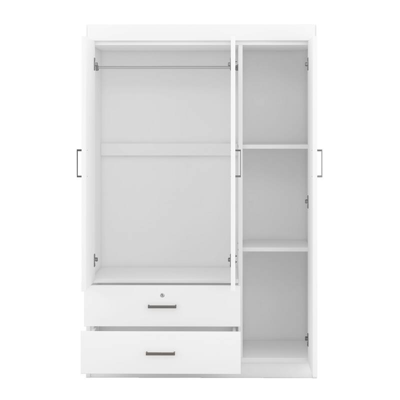 3-Door Mirror Wardrobe, Armoires with Dressing Mirror Hanging Clothes Rod and Drawers with Lock for Bedroom Storage, White
