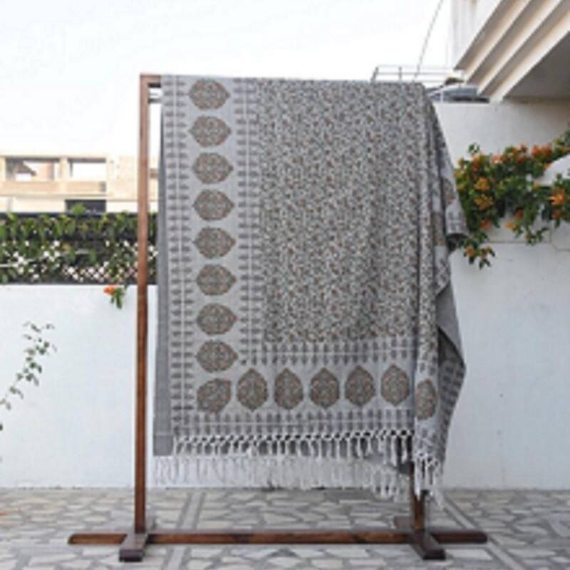 Fabdivine Himachal Handmade Cotton Throw Blanket - Floral Block Print Decorative Blanket for Home Decor with Fringe, 90"x54"