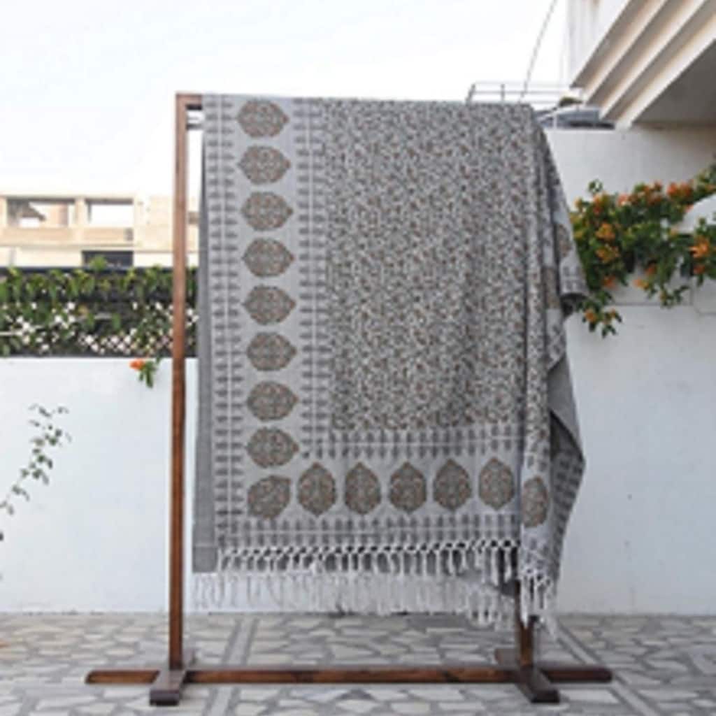 Fabdivine Himachal Handmade Cotton Throw Blanket - Floral Block Print Decorative Blanket for Home Decor with Fringe, 90"x54"