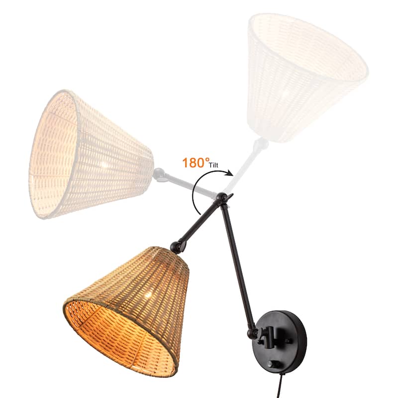C Cattleya 1-Light Woven Rattan Plug-in Swing Arm Wall Sconce Indoor Wall Light with ON/OFF Switch - Woven Rattan