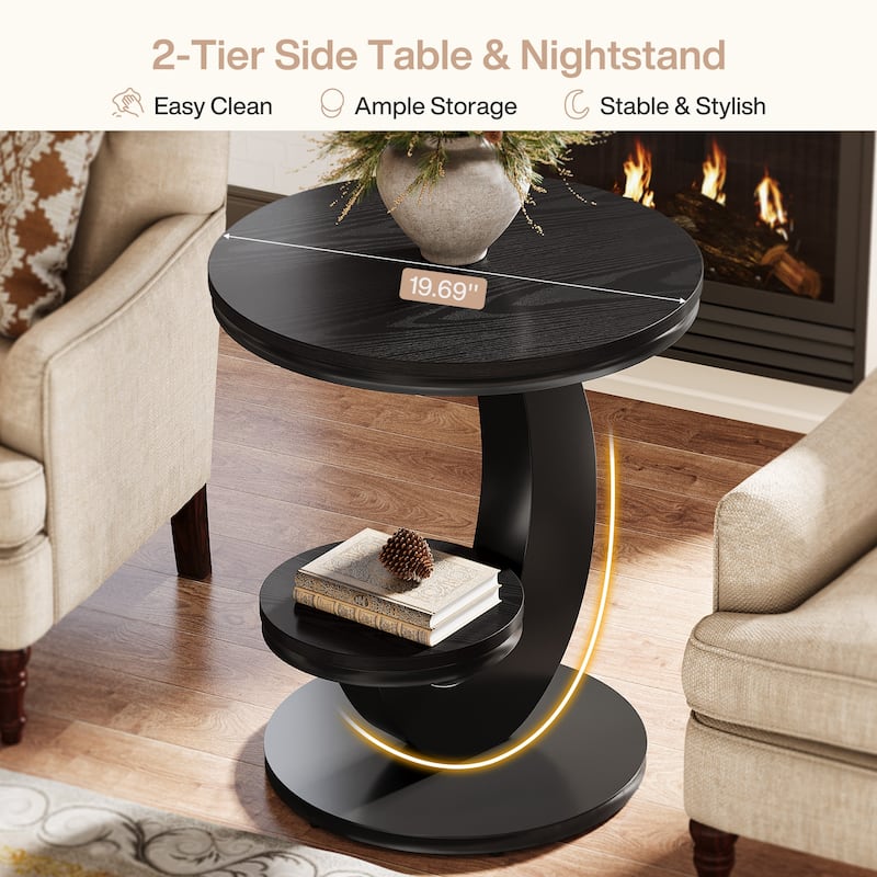 End Table with Storage Shelf, Wood Sofa Side Bedside Nightstand, Accent Snack Table for Living Room Bedroom