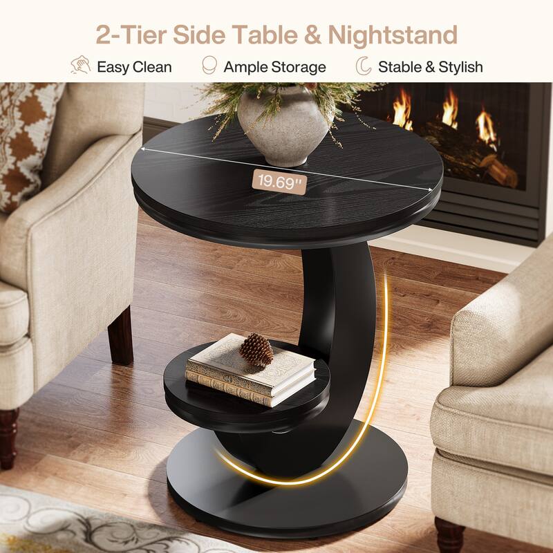 Round End Table, 2 Tiers Side Table with Storage Shelf