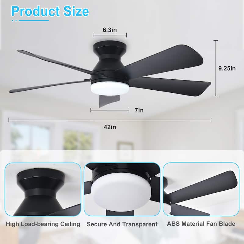 42/35 Inch Low Profile Ceiling Fan with Light: Dimmable, Remote Control, 6-Speed, 5 Blades