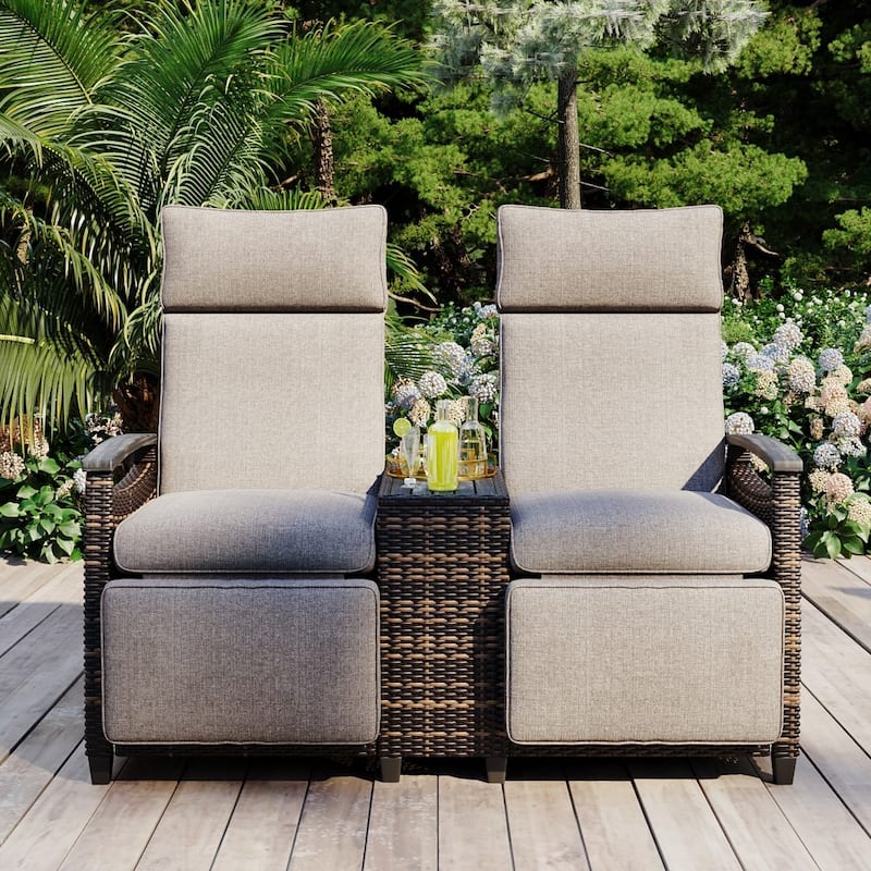 Patio Lounge Chair Set with Acacia Wood Armrests and Built-in Storage Table for Balcony