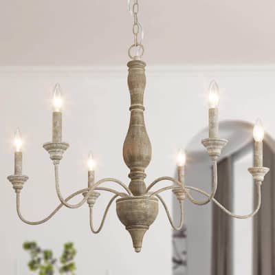 Farmhouse 6-Light Wood French Country Chandelier for Dining Room - D 29.5" x H 24.4"