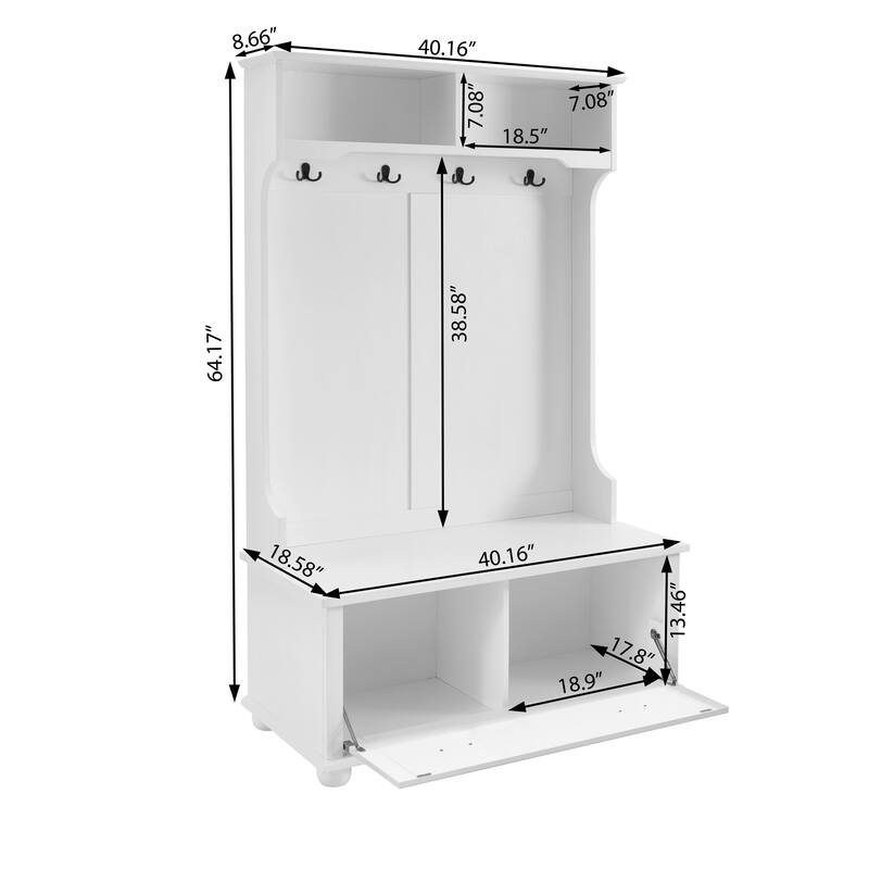 Modern Hall Tree Coat Rack with Shoe Rack Bench, Coat Hooks and Open Shelves, for Entryway Storage, White