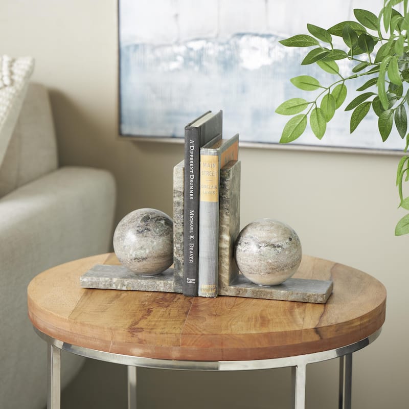 Marble Geometric Sleek Orb Decorative Bookends with L- Shaped Bases - Set of 2 White, Black, Gray - Roche River Decor
