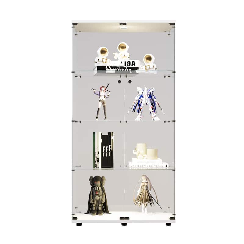 LED lights Glass Display Cabinet with 4-Shelves&2 Doors, Floor Standing Curio Bookshelf for Living Room Bedroom Collection Room