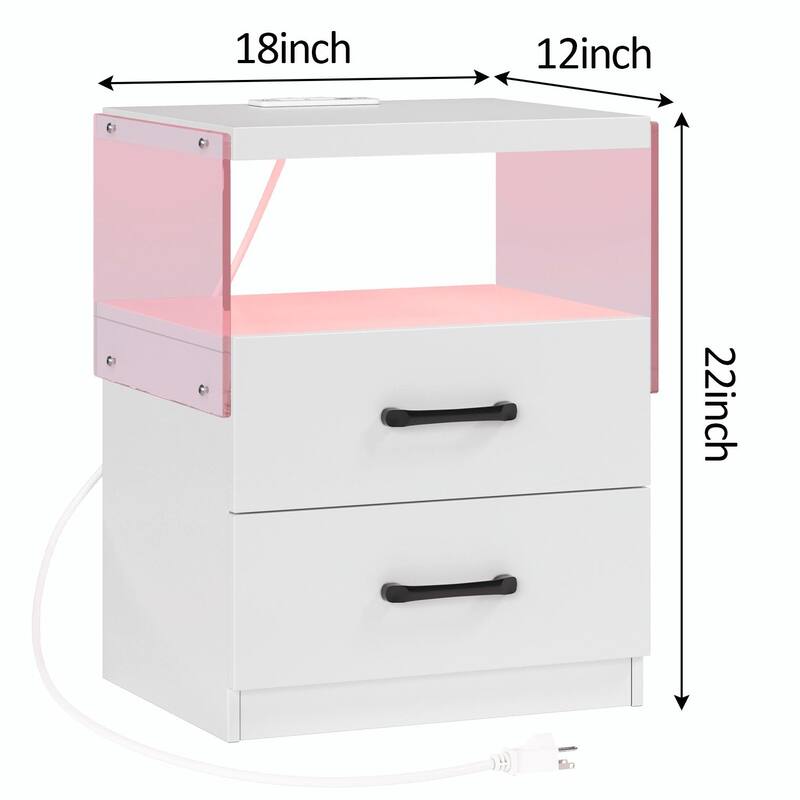 LED Nightstand with Adjustable Colors, 2 Drawers & Power Outlets