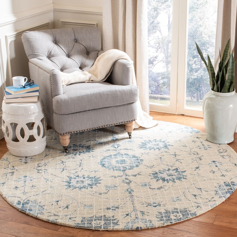 SAFAVIEH Handmade Blossom Samija Modern Floral Wool Rug - 6' Round - Silver/Blue