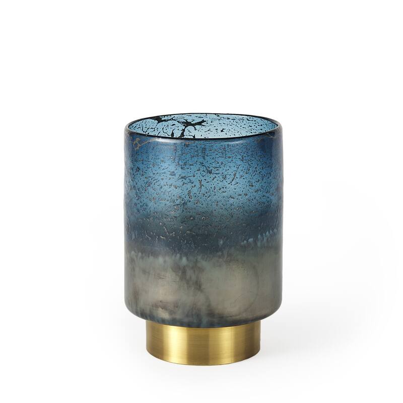 HomeRoots 10" Blue And Gold Abstract Cylinder Crystal Glass Table Vase