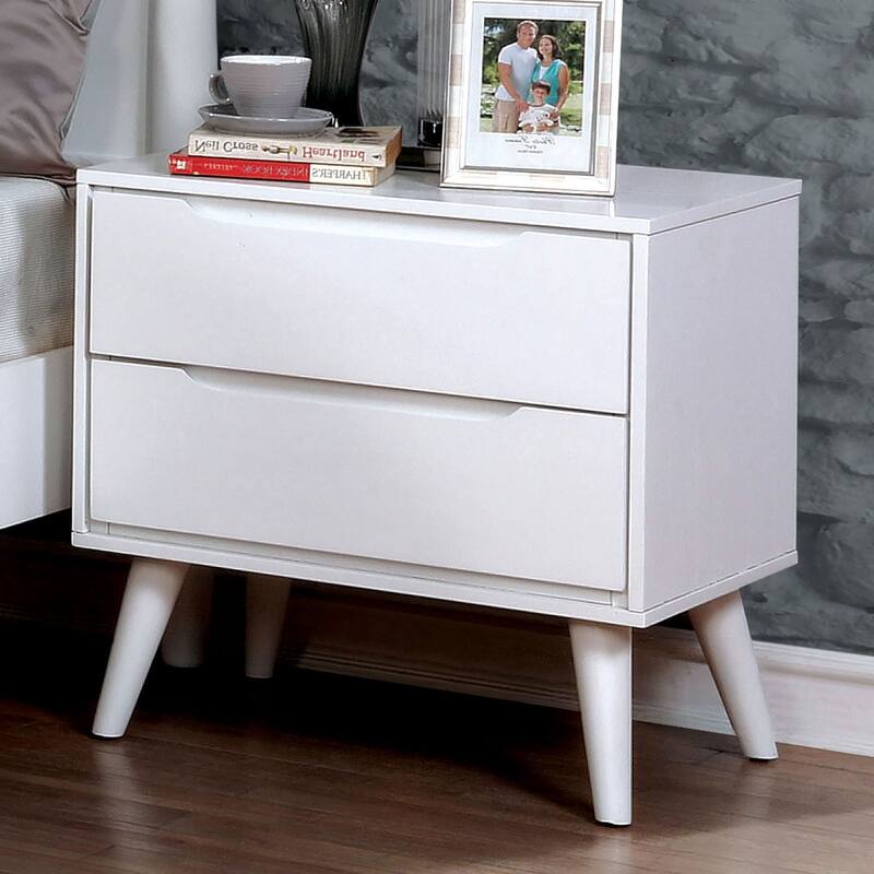 Mid-Century Modern White Nightstand with Round Tapered Legs and 2 Drawers