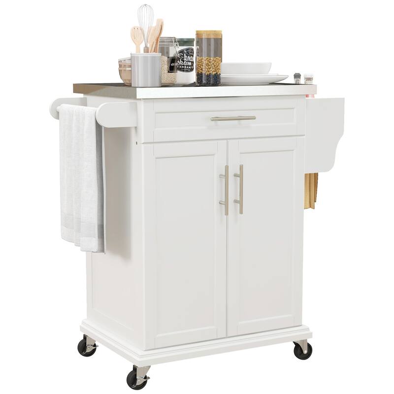 Kitchen Island on Wheels, Rolling Kitchen Cart with Stainless Steel Countertop, Drawer, Towel Rack and Spice Rack