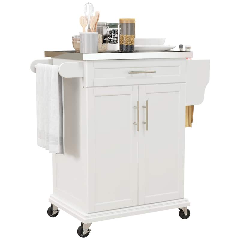 Kitchen Island with Stainless Steel Countertop, Rolling Kitchen Cart with Storage Cabinet, Kitchen Cabinet with Spice Rack