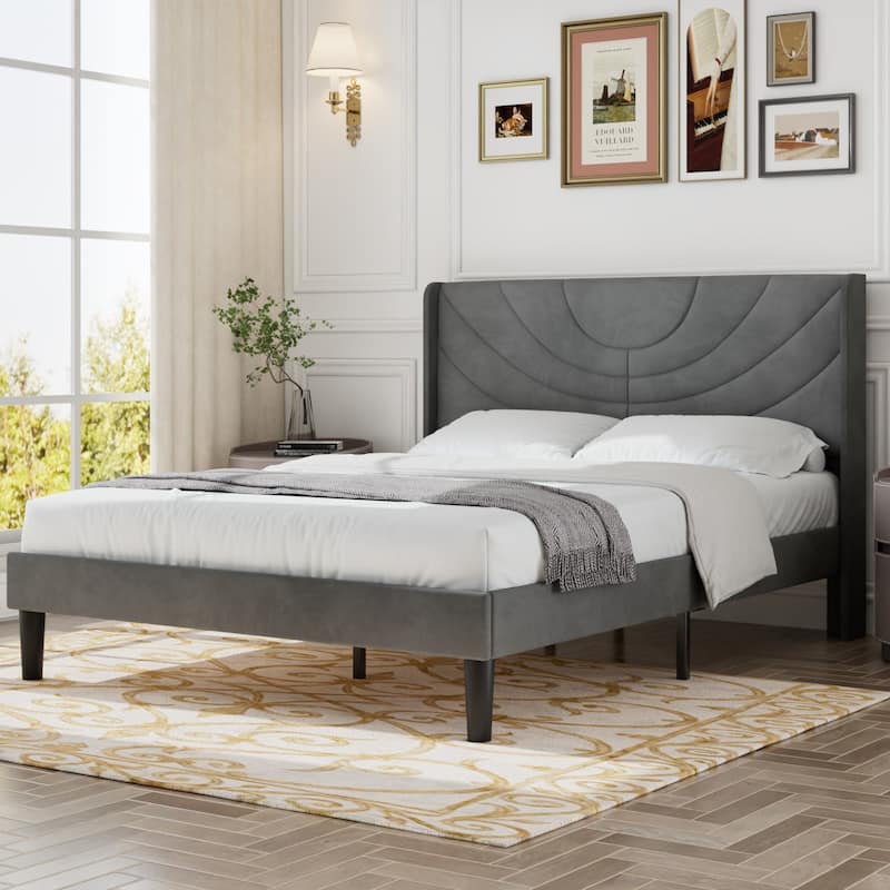 Javlergo Adjustable Dark Grey Platform Bed Frame with Modern Wingback Headboard No Box Spring Needed Heavy Duty Bed Frame
