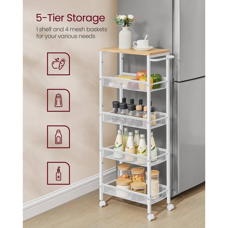 Slim Rolling Cart, 5-Tier Storage Cart, Narrow Cart with Handle, 8.7 Inches Deep, Metal Frame, for Kitchen, Dining Room
