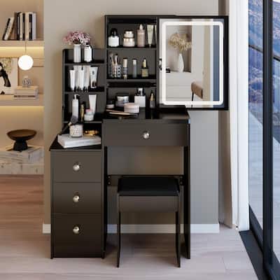29.2"Small Size Left Bedside Cabinet Vanity Table + Cushioned Stool, Large Sliding, Touch Control, Brightness Adjust LED Mirror