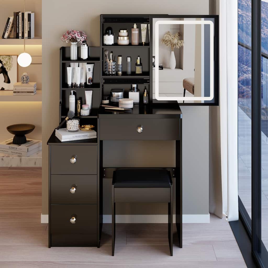 29.2"Small Size Left Bedside Cabinet Vanity Table + Cushioned Stool, Large Sliding, Touch Control, Brightness Adjust LED Mirror