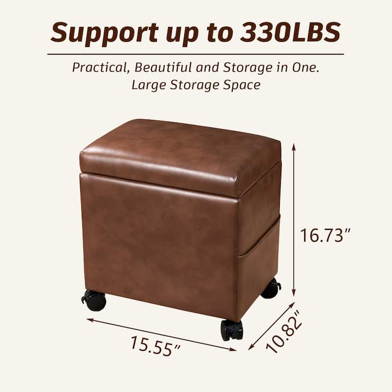 Adeco 16" W Upholstered Rectangle Storage Ottoman with Tray and Pocket