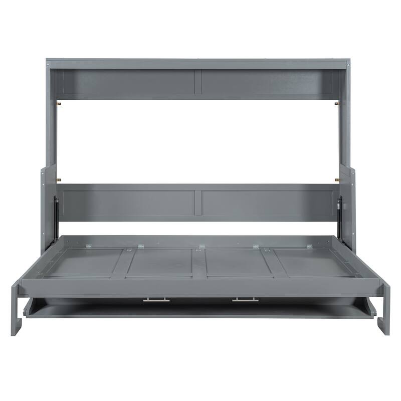 Queen Size Foldable Murphy Bed Wall Bed Convertible Desk with Storage, Bedroom Pine Wood Bed Frame, Modern Pull Down Bed