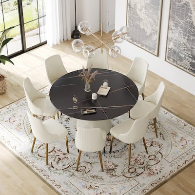 59'' Modern Round Dining Table for 8, Black Sintered Stone Tabletop with Lazy Susan