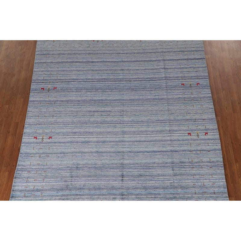 Striped Blue Gabbeh Indian Area Rug Hand-Knotted Oriental Wool Carpet - 7'8"x 9'7"