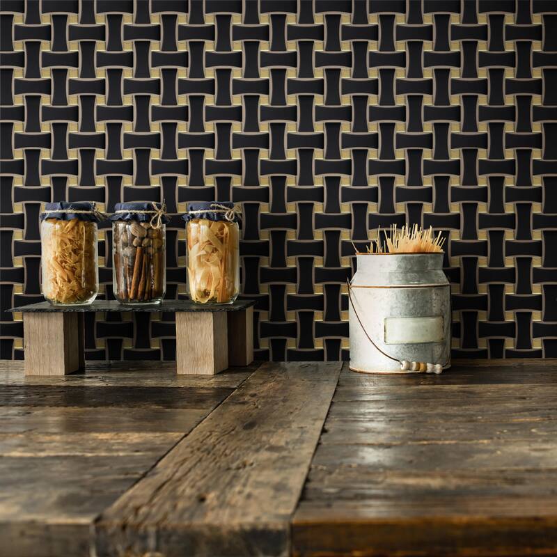 Merola Tile Metro Dog Bone Basketweave Matte Black with Glass Gold Dot 10" x 10" Porcelain Mosaic Wall Tile