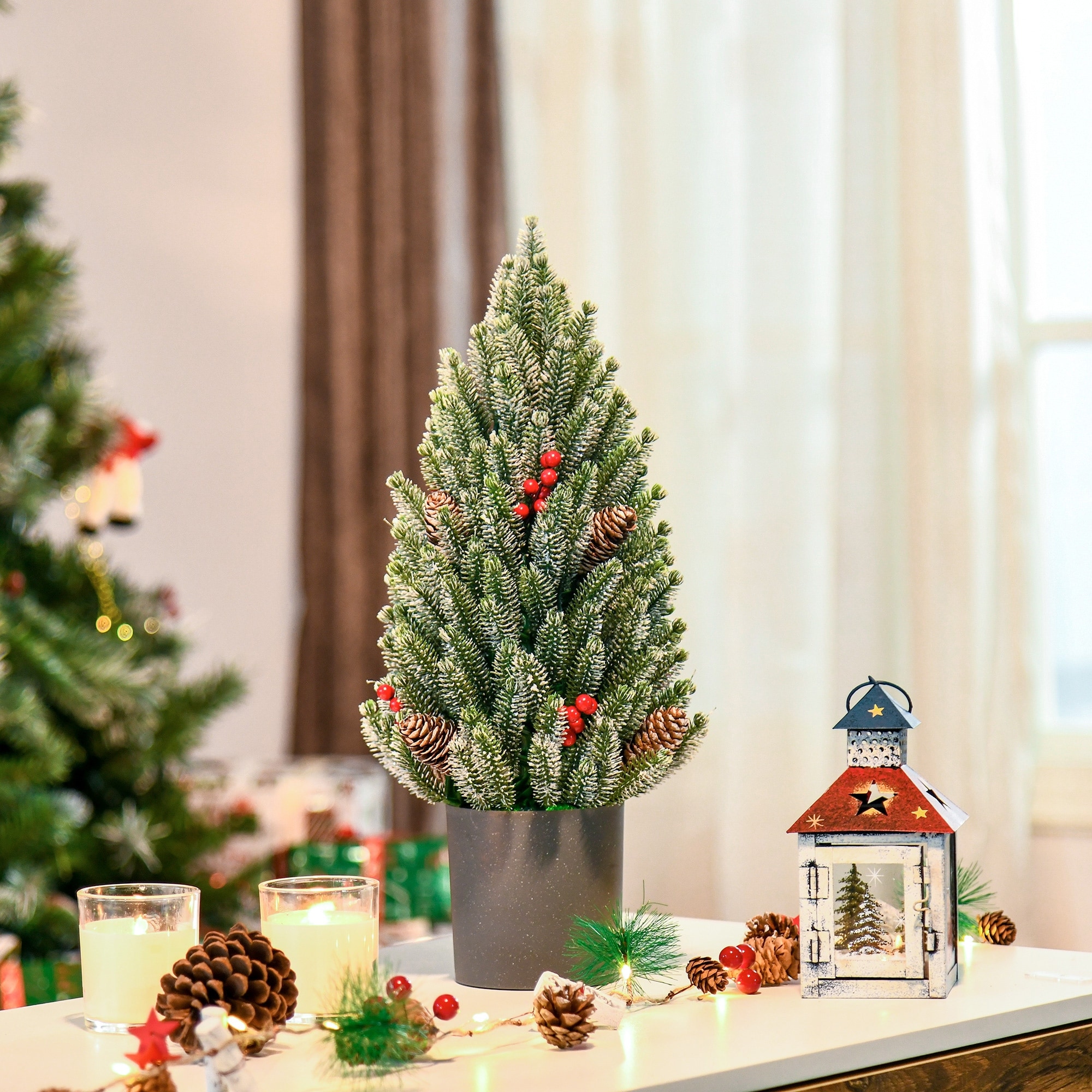 HOMCOM 18" Small Flocked Christmas Tree with Mistletoe and Pine Cones
