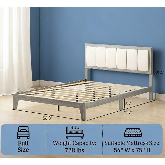 Rubber Wood Platform Bed Frame with Linen Fabric Upholstered Headboard/Adjustable Feet/No Box Spring Needed/Easy Assembly - Gray