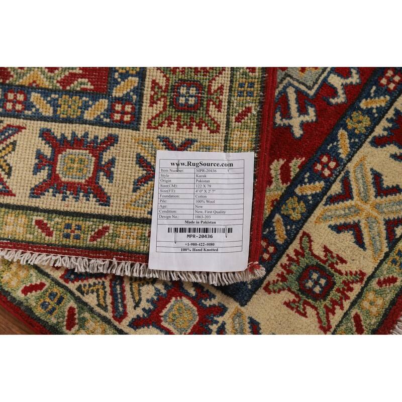 Kazak Accent Rug Hand-Knotted Geometric Red Wool Carpet - 2'7"x 4'0"