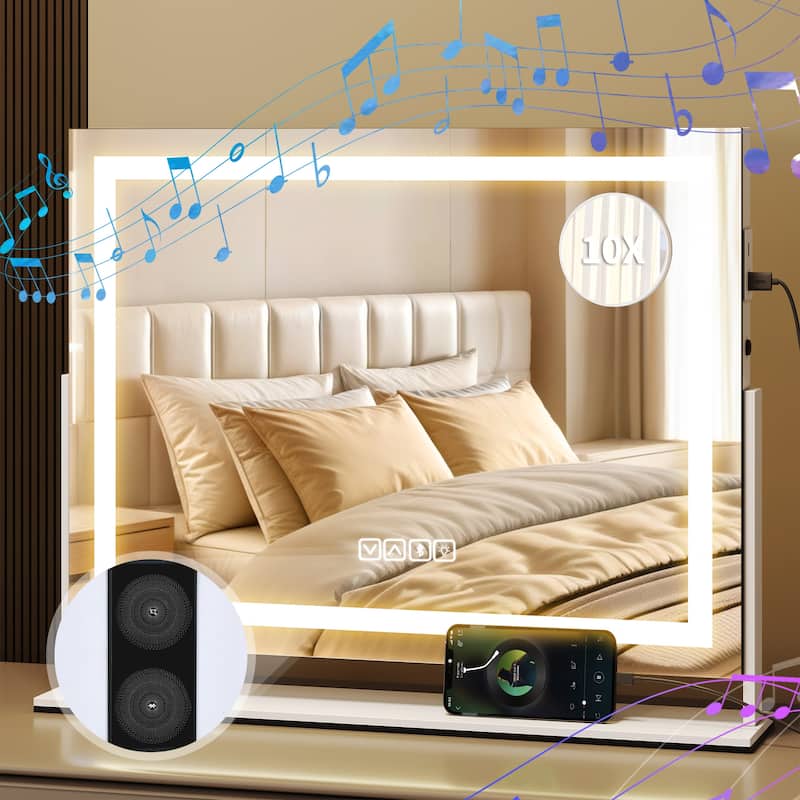 Moasis Makeup Vanity Mirror with LED Light, USB Charging Port 10X Magnification Mirrors with Bluetooth Speaker - White with Speaker