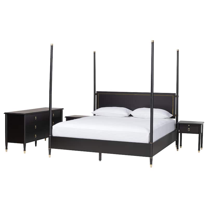 Baxton Studio Tamra Four-Poster Platform Bedroom Set - Black Wood Bed Frame with Matching Accents, Modern Transitional Furniture - Black, 4-Piece with Two Nightstands