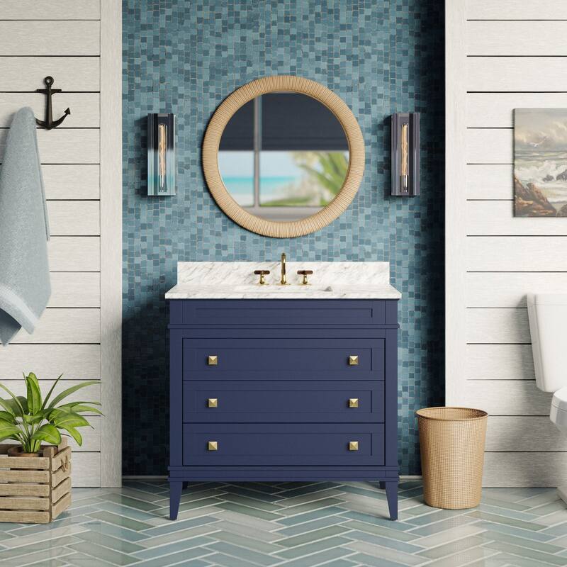 KitchenBathCollection Eleanor 36" Bathroom Vanity with Carrara Marble Top - Royal Blue