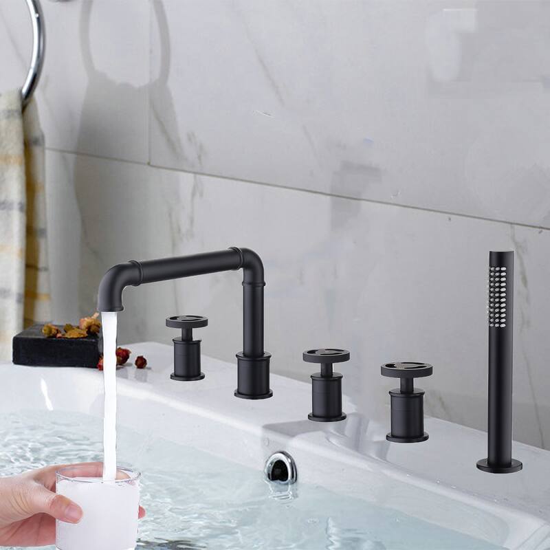 3-Handle Tub Faucet Set with Handheld Shower, Modern Deck Mount Bathtub Faucet Set