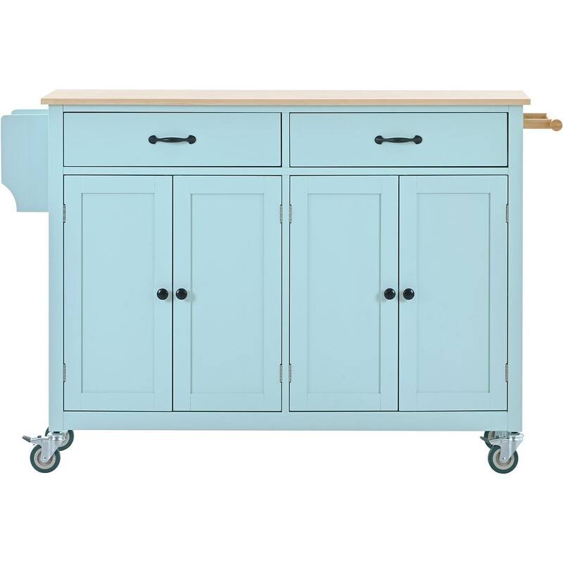 Kitchen Island Cart with Solid Wood Top, Locking Wheels, Spice & Towel Rack - Green