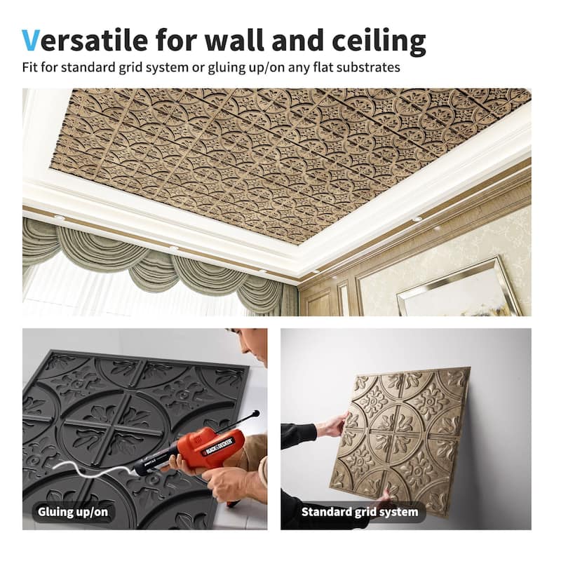 Art3d 2x2 ft PVC Ceiling Tile, Drop Ceiling Tiles,Fancy Classic Style in Antique Gold(12pcs)