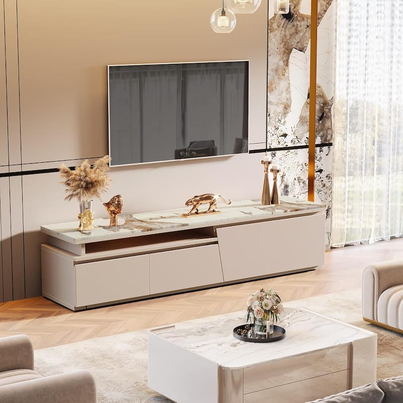 70.87 Inches White Wood TV Stand, Extendable Modern Entertainment Center with 3 Drawers for Living Room