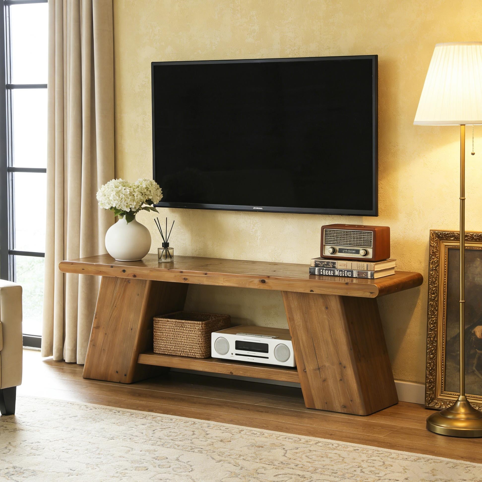 63 Inch Solid Wood TV Stand With Storage Shelf