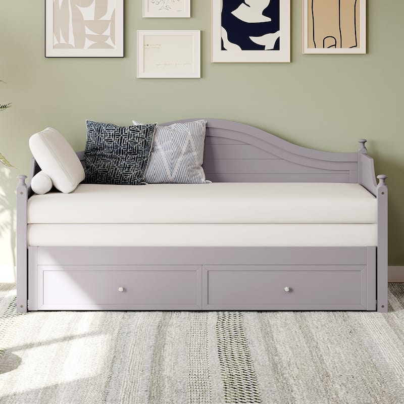 Twin-Size Wooden Daybed with Extendable Feature and Storage Drawers - Convertible Sofa Bed for Living Room or Guest Room. - LIGHT GREY