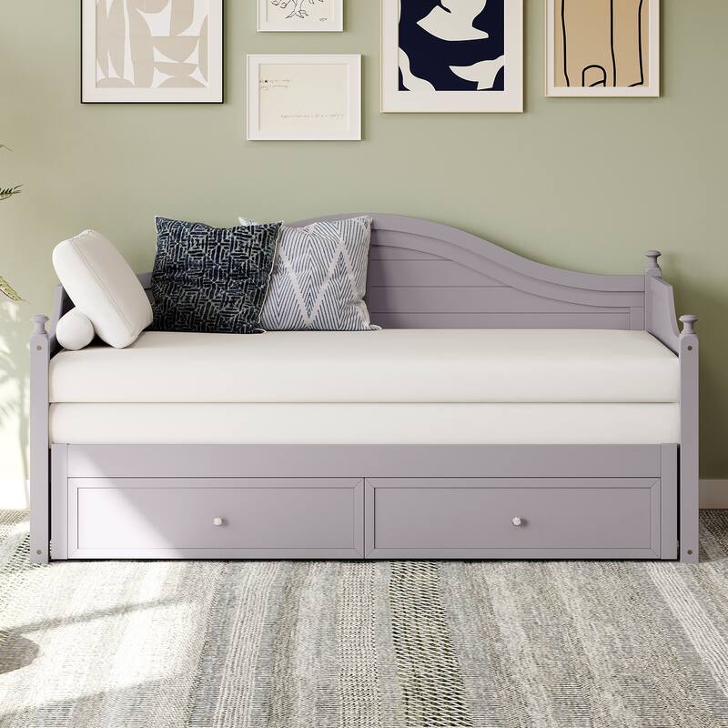 Wooden Daybed with 2 Storage Drawers, Twin Size Storage Platform Bed - Twin Size Extendable Day-bed Pop-up Trundle Bed, Sofa Bed