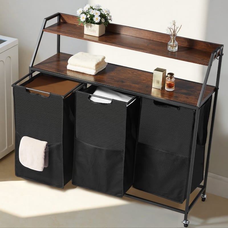 Black Laundry Hamper with Fabric 3 Removable Compartments Hamper and Wheels for Organization