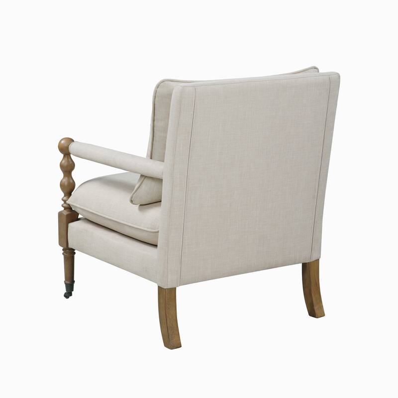 Fabric Upholstered Wooden Accent Chair with Manchette Armrest, Beige and Brown