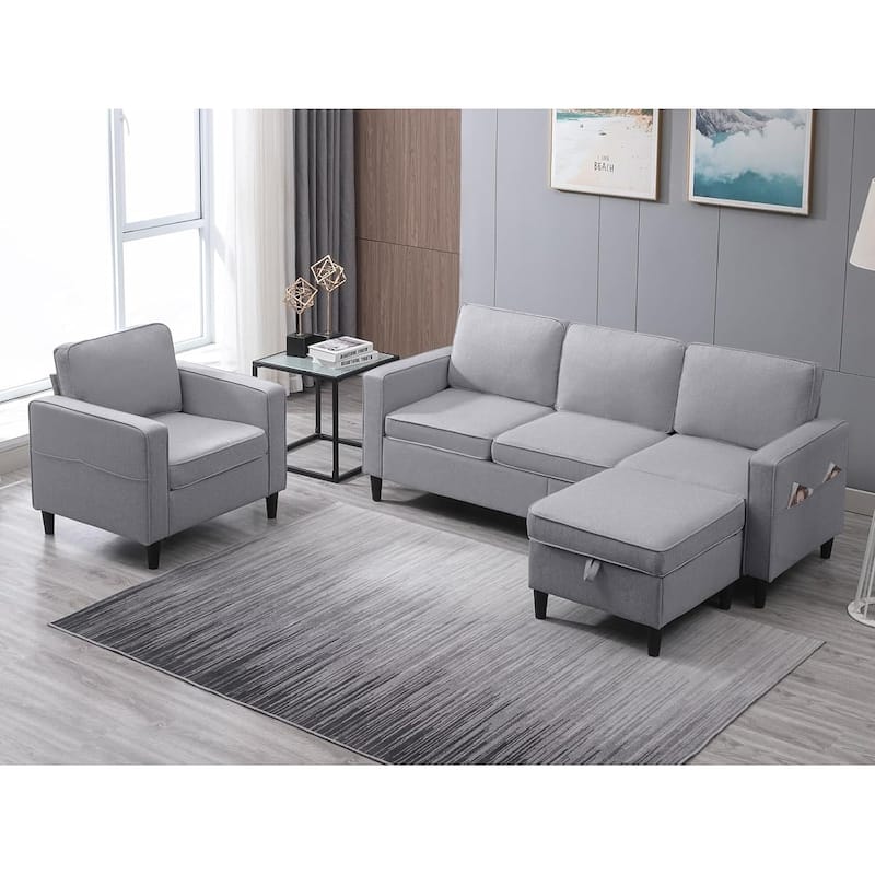 Mixoy Convertible Living Room Furniture Set-Single Sofa/Loveseat/3-Seat Sofa with Ottoman for DIY Combination - Light Grey-3+1 - Reversible