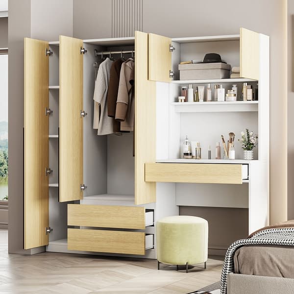 dressing table with cupboard designs 2-in-1 Wardrobe and Desk Design for Small Bedroom, 3-Door Wooden Closet  Cabinet Armoire with Hanging Rod & Drawers, Natural - Bed Bath & Beyond