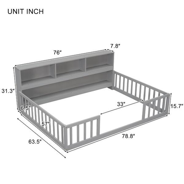 dimension image slide 0 of 4, Floor Bed for Kids with Safety Guardrails & Bedside Bookcase, Wood Montessori Bed Frame with Shelves for Girls & Boys